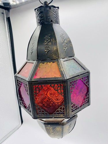 Large Moroccan Lantern Stained Glass Pierced Metal Candle holder hang 15" Tall - Picture 6 of 8