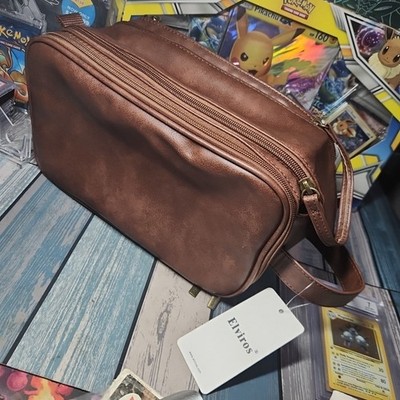 Elviros Brown Medium Travel Toiletry Bag Organizer PU Leather Shave Dopp Kit