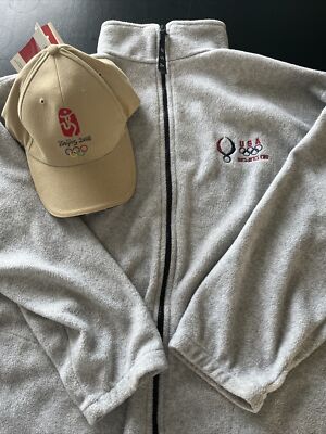 USA Beijing Olympic Fleece Jacket And Hat Gray Full Zip USA Made Mens Large
