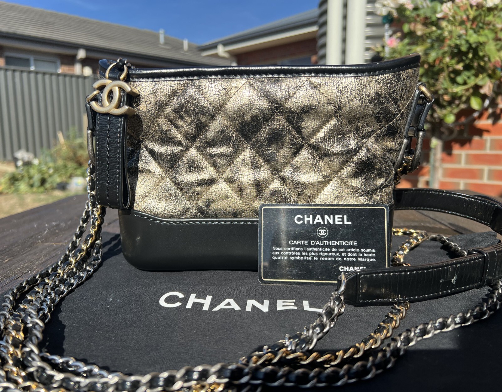 Authentic CHANEL Gabrielle Quilted Metallic Crumpled Goatskin Small Hobo Bag