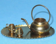 Vintage Dollhouse Miniature Brass Tea Set Teapot w/ 2 Cups Mugs & Serving Tray