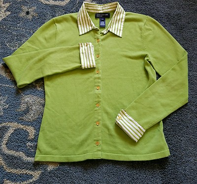 JONES New York Signature Green/White Knit Top Collar Removable Cuffs Small