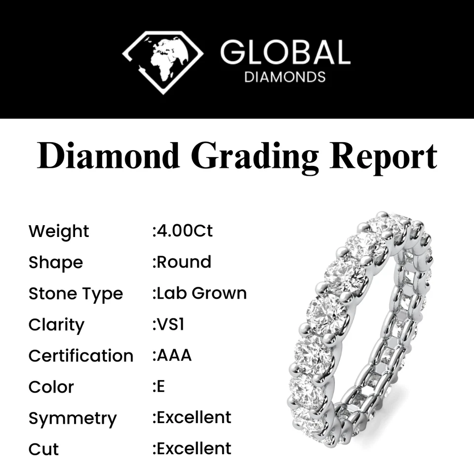 Banda de eternidad de diamantes creada en laboratorio de corte redondo D VS2 certificada de 4 quilates platino Foto 3 de 4