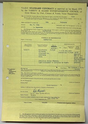 THE FANTASTICS GROUP  APPEARANCE GIG 18/02/1977 69 SIGNED CONTRACT DON HAYWOOD