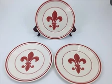3 Williams Sonoma Fleur De Lis Red Earthenware Luncheon 9" Plates Portugal