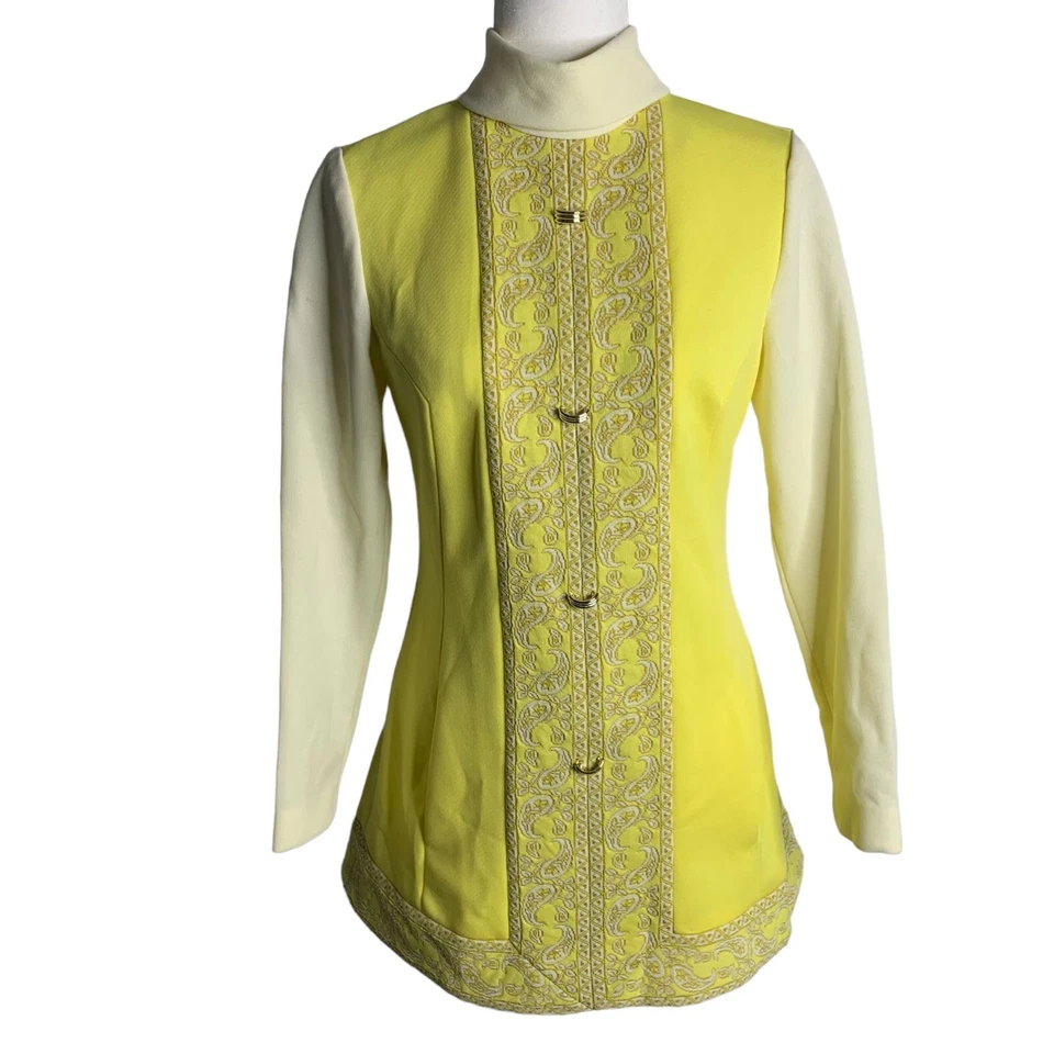 Conjunto de pantalón tejido elástico vintage años 60 2 piezas S amarillo cuello alto bolsillos cremallera Foto 2 de 4