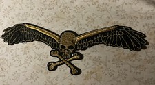 Skull Cross Bones Wings Biker Embroidered Patch -GOLD /BLACK 10 INCH-USA Shipped