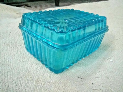 1930s Vintage Blue Glass Unique Shape Butter Box Belgium - Picture 10 of 12
