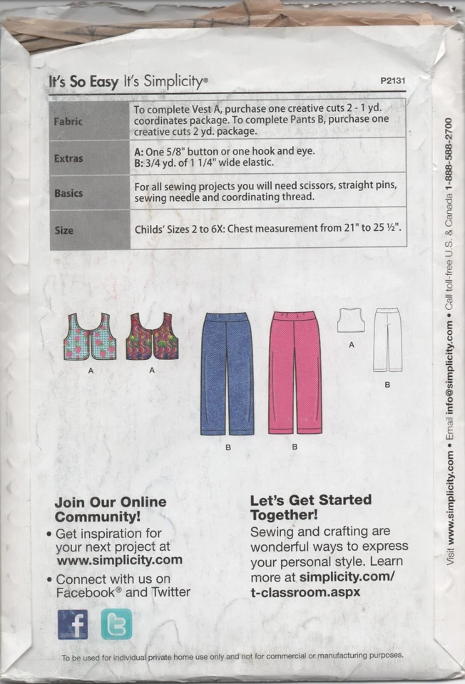 Simplicity Pattern P2131 Size A 2-6X, Child's Vest, Pants As Is - Image 2 of 2