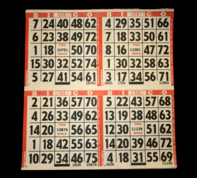 BINGO PAPER Cards Sheets 4 on 2 Red N Blue Brdr EZ READ (LARGER NUMBERS) - 25 pk