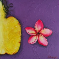 Original Acrylic Painting Tropical Still Life 20x20 cm Pineapple Flower Hawaii