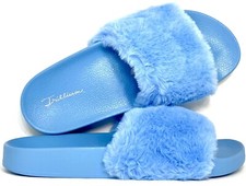 Slides Shower Slippers Blue Furry Faux Fur Sandals Trillium Women's Size 9