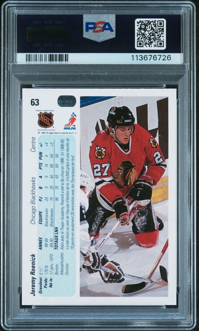 Jeremy Roenick 1990 UPPER DECK FRENCH #63 Rookie Card  PSA 10 DNA AUTO AUTHENTIC view 2