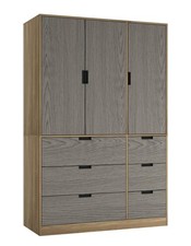 RIGA Wooden 3 Door 6 Drawer Wardrobe Bedroom Storage Closet Shelves Hanging Rail