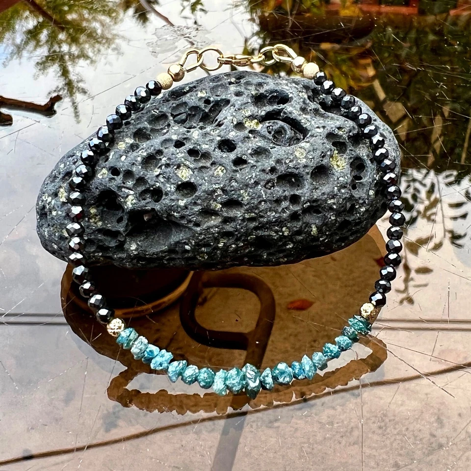 Natural Black and Rough Blue Diamond Bracelet Solid 18K Gold , 7.2" Long - Image 3 of 4