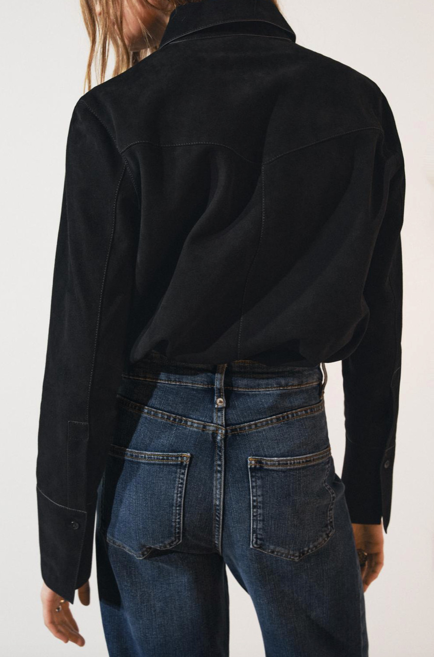 Zara 100percent Leather Suede Shirt Black Buttoned Womens size M Medium 5129/242 Rare image 3