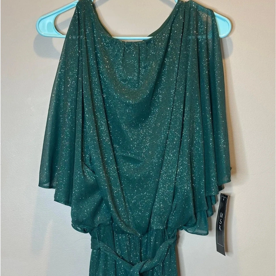 Macacão feminino novo com etiquetas MSK verde glitter-chiffon blusa com cinto perna larga tamanho pequeno - Imagem 4 de 4