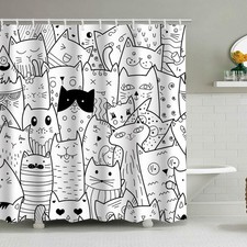 Funny Cat Shower Curtain Modern Black and White Abstract Line Art Decor Water...