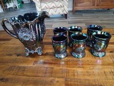 Mosser Purple Amethyst Carnival Glass "Dahlia" Pitcher And 6 Glasses