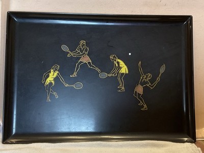 Vintage Couroc of Monterey Tray Tennis Doubles Inlaid MCM 17.75  X 12.5  X .75 