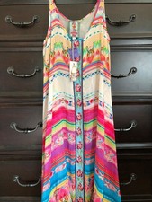 Johnny Was Taleah multi stripe silk dress embroidered trim with slip Large NWT