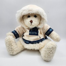 Yangjee Cream Teddy Bear with Faux Fur Trimmed Hooded Parka Blue Geometric Trim