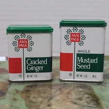 2 Vtg 1970s Ann Page Spice Tins Cracked Ginger & Whole Mustard Seed A&P Set Prop