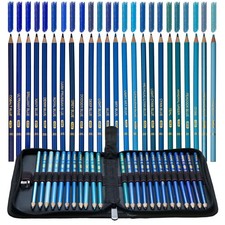 Blue Colored Pencils Oil Based Wooden Set For Adults Drawing 24 Color