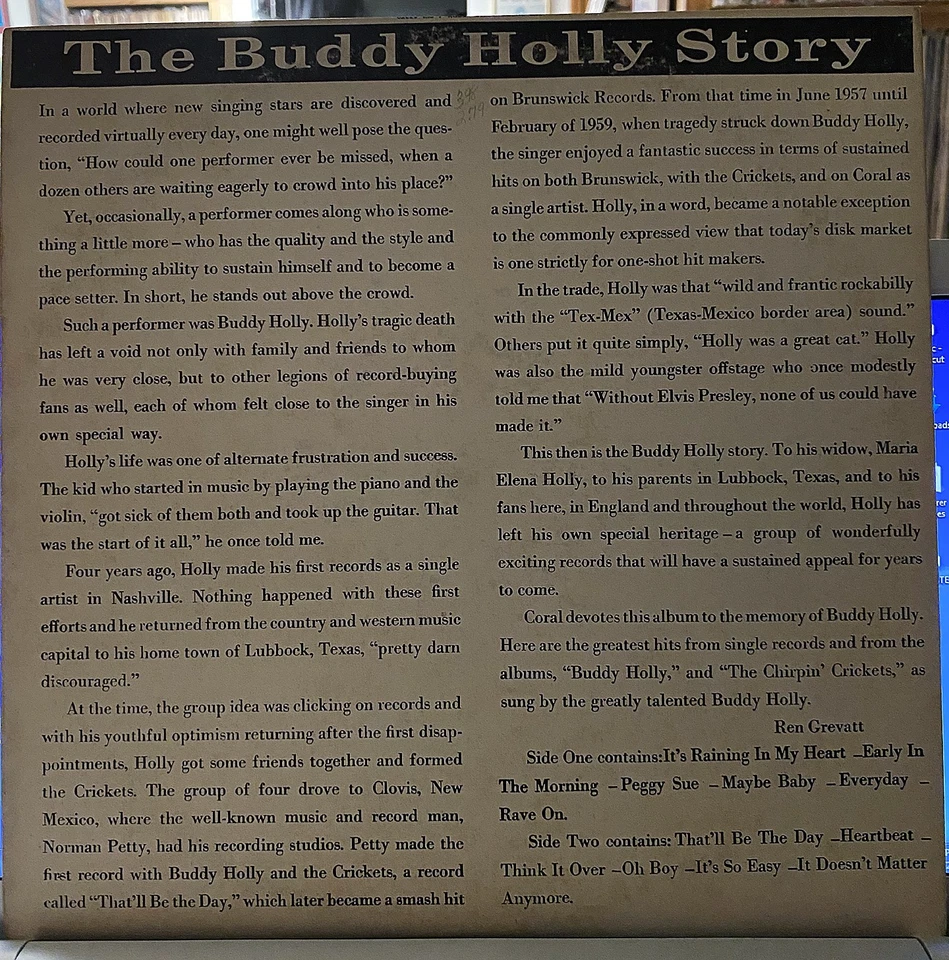 The BUDDY HOLLY Story CORAL CRL 57279 Rare ROCKABILLY Classic CLEAN The Crickets - Image 2 of 4