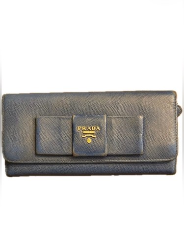 REHAB PROJECT Prada Saffiano Bow Continental Blue Leather Zip Around Wallet