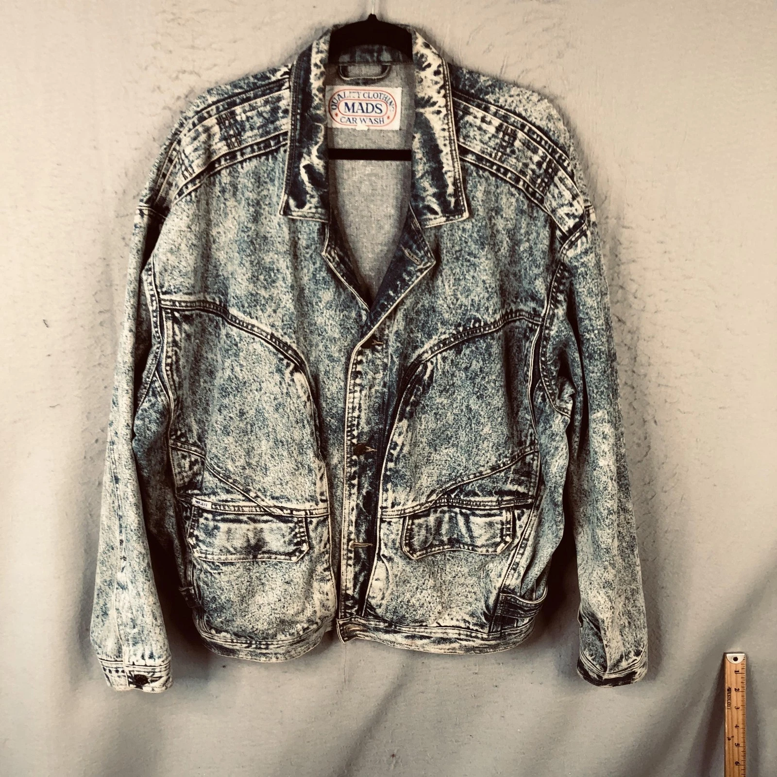 Vintage Mads Jacket Mens XL Blue Denim Biker Acid Wash Buckle Moto 80s