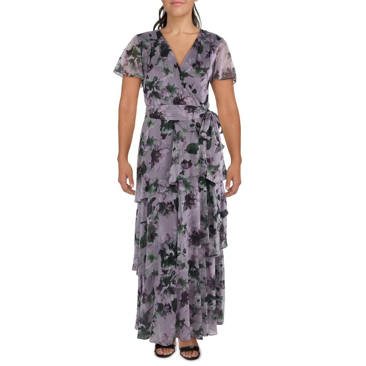 SLNY Womens Purple Full Length Floral Print Surplice Maxi Dress 16 BHFO 1582