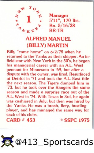 1975 SSPC Billy Martin New York Yankees #453 - Imagen 2 de 2