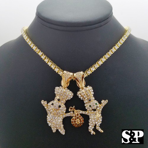 Hip Hop 2 DOUGHBOY Pendant & 1 ROW Lab Diamond 16" Tennis Choker Chain Combo Set - Picture 11 of 12