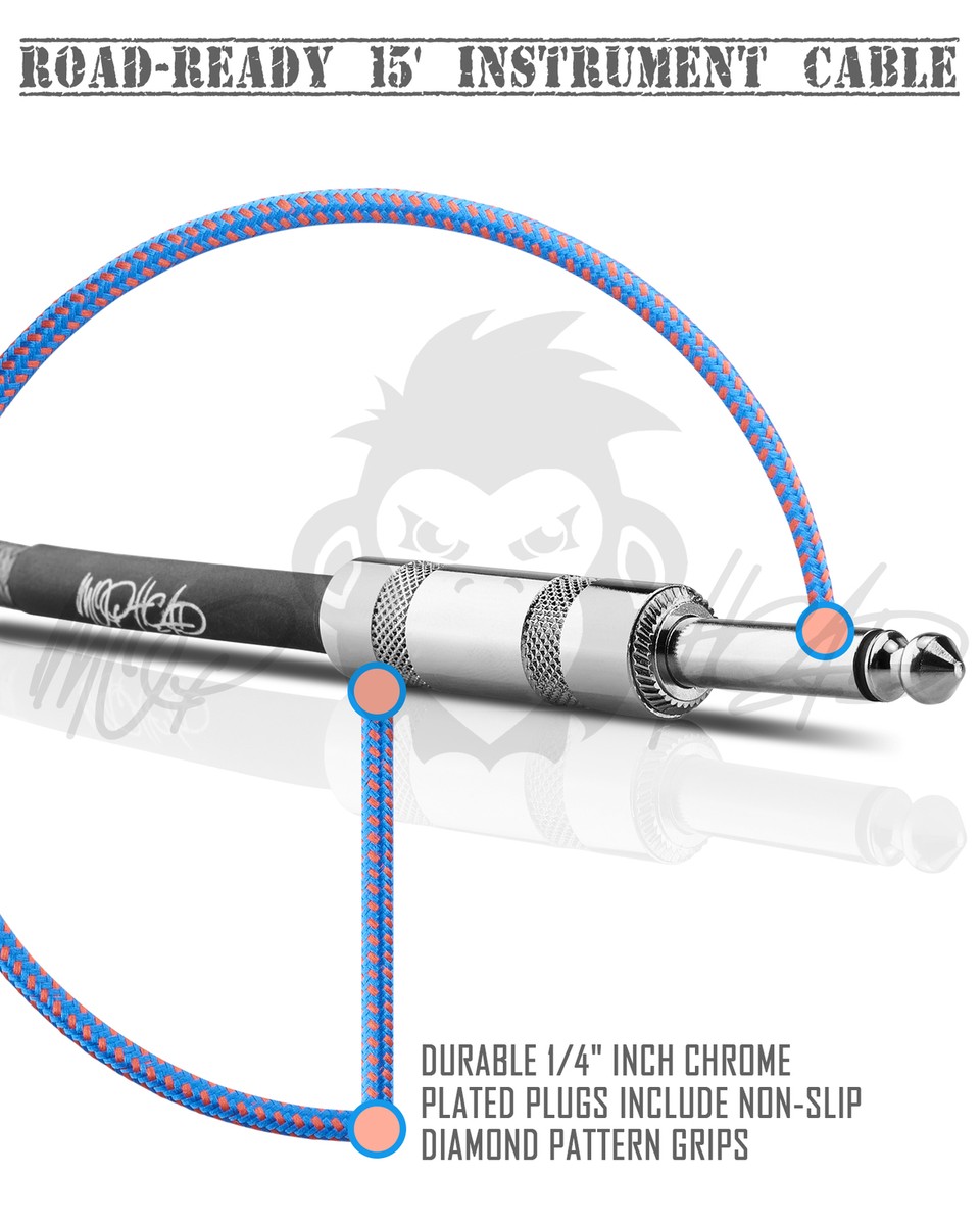 Mophead 15 Foot Double Insulated And Road Ready Tweed Braided 1/4 In TS To 1/4 In TS Guitar And Bass Instrument Cable Right Angle Green