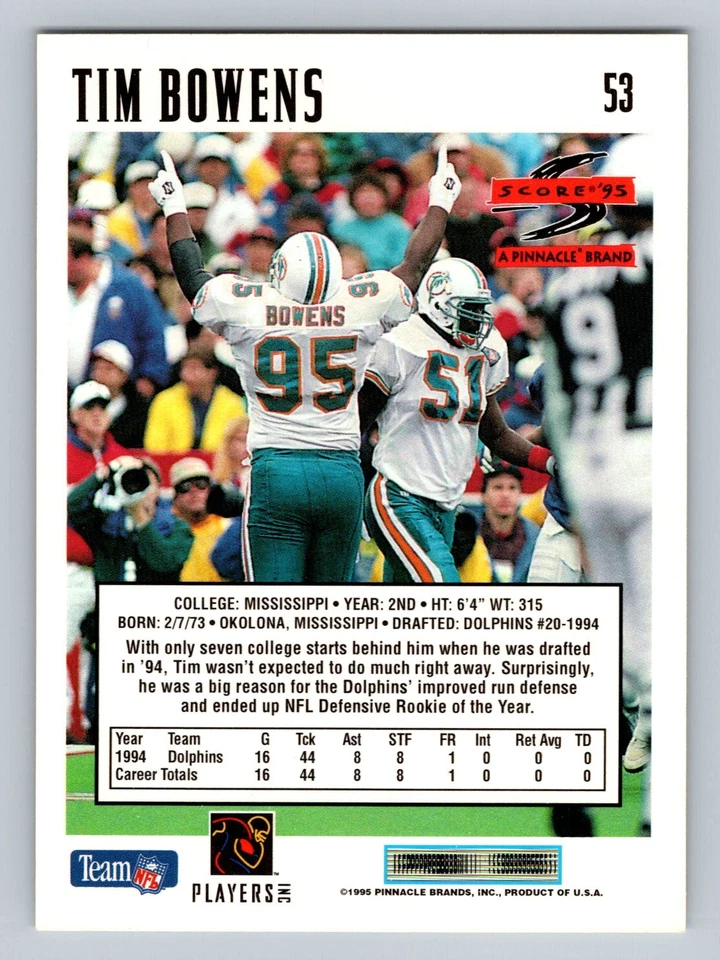 Tim Bowens 1995 Score #53 Miami Dolphins Football Card - Image 2 of 2
