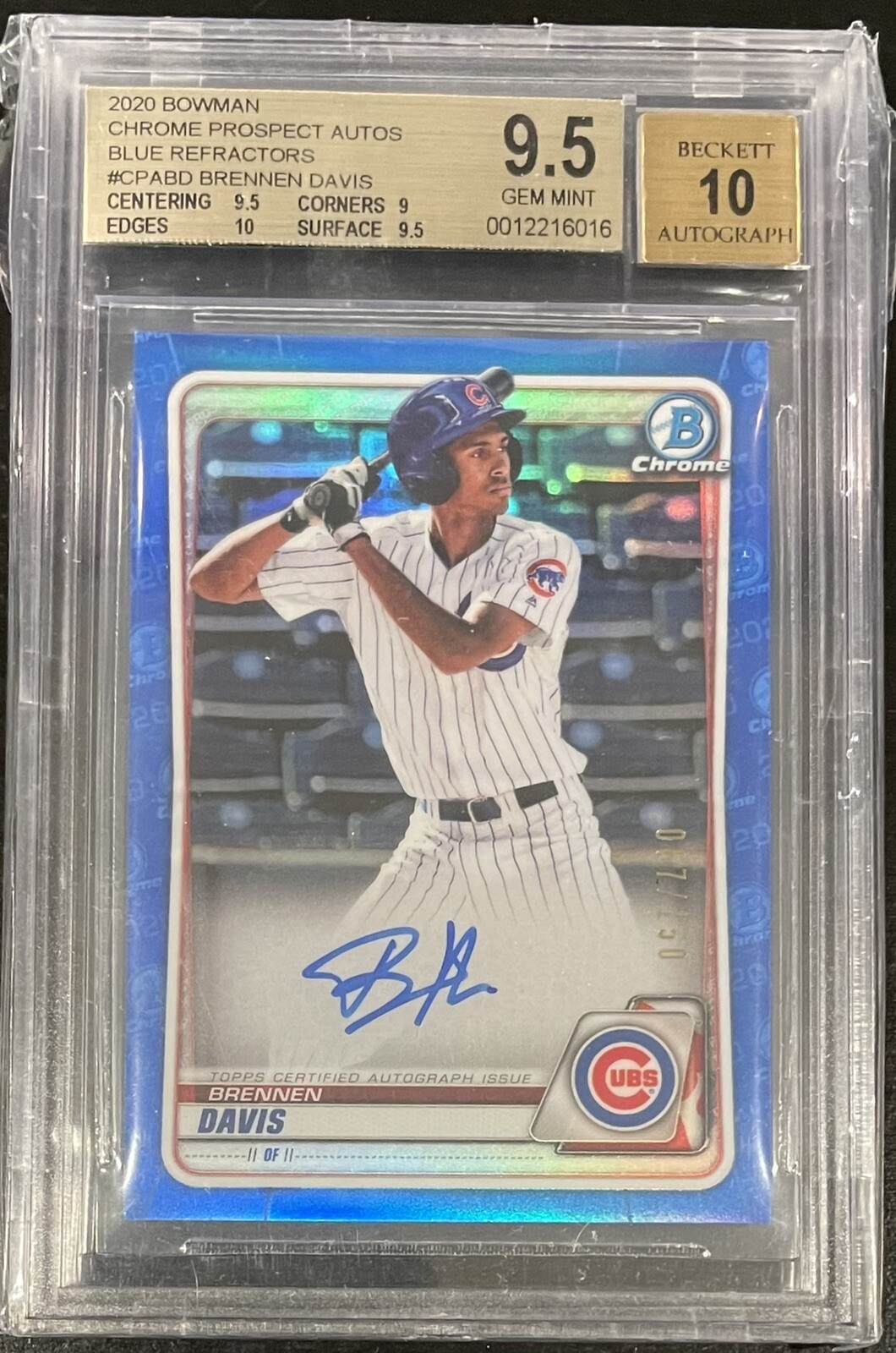 2020 Bowman Chrome Brennen Davis Gem Mint Blue Auto /150 BGS 9.5/10 Cubs