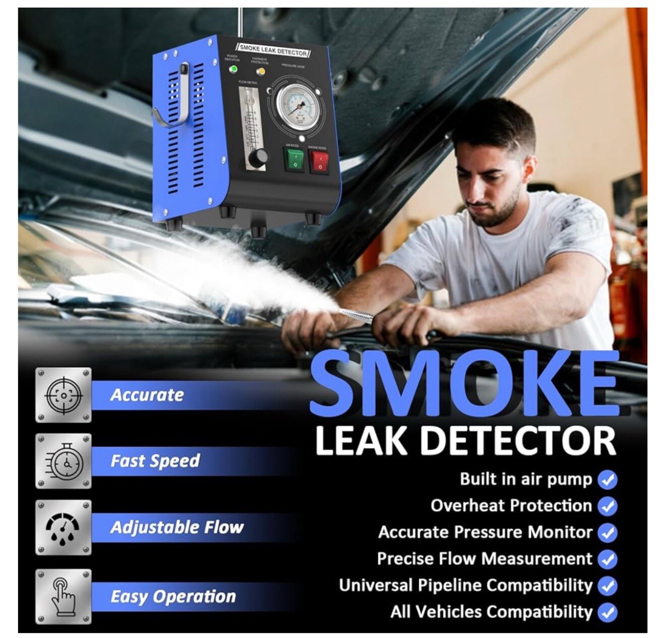 Automotive Leak Detector, Smoke Machine w/ Air Pump, Pressure Gauge, Flow Meter