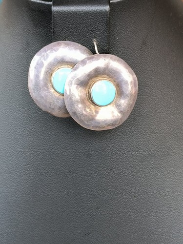 VTG Sterling Silver 925 Turquoise Hammered Sphere Wire Earrings Unbranded