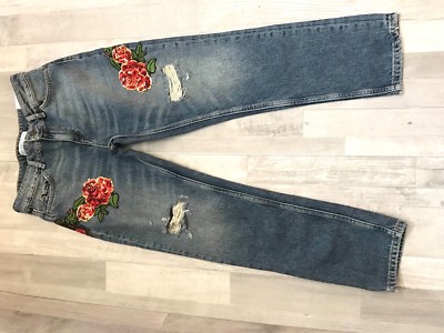 Zara Women Basic Z1975 Denim Jeans Distressed Ripped Floral Embroider Pants Sz 2