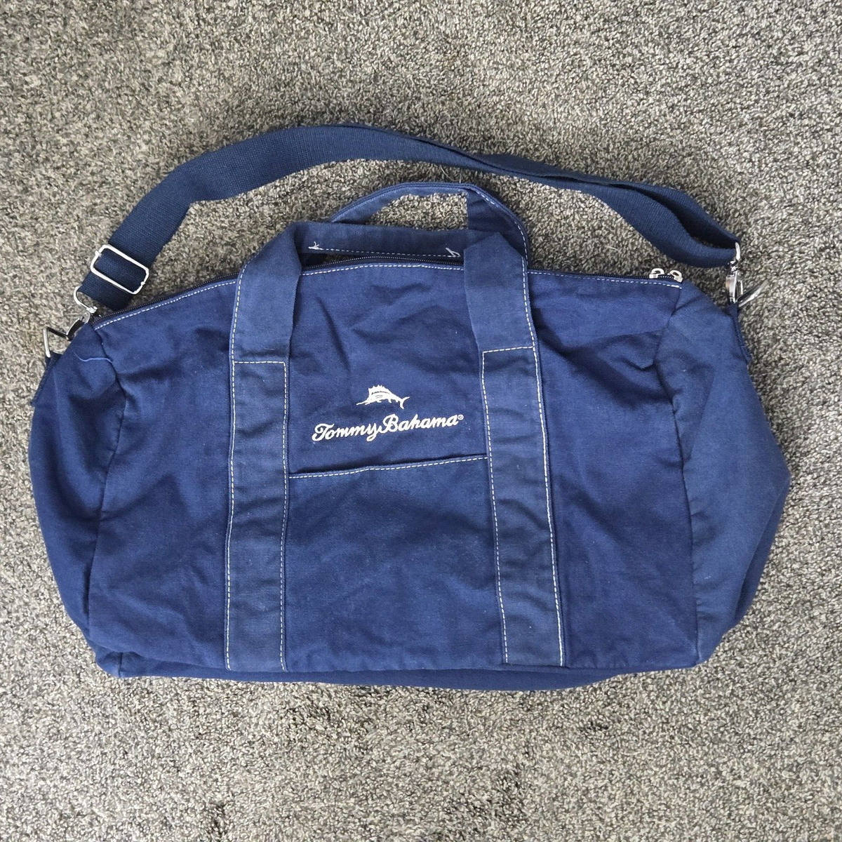 Tommy Bahama Canvas Overnight Duffel Tote Bag Blue White Marlin 18