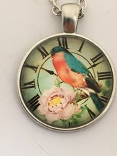 Birds and flowers rose on clock Face Glass Dome cabochon necklace UK seller E6