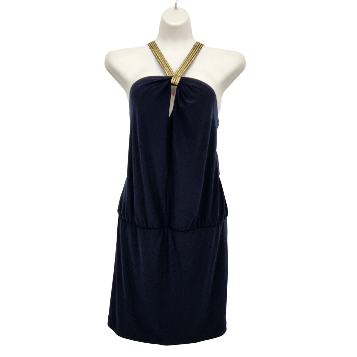NWT Bisou Bisou Navy & Gold Grecian Halter Plus Mini Dress Women's 16 NWT Bisou Bisou Navy & Gold Grecian Halter Plus Mini Dress Women's 16