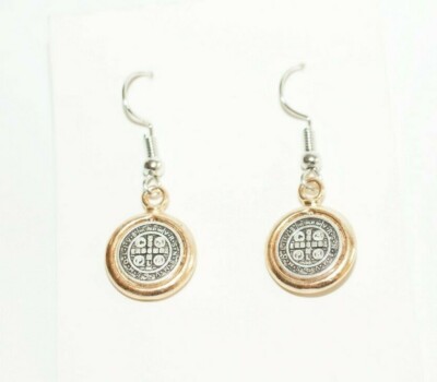 St Benedict Earrings w medal Silver Gold color Aretes San Benito 