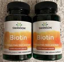 200 Caps Swanson Biotin 5000 mcg 2X100 Caps Nourishes Skin Hair Nails