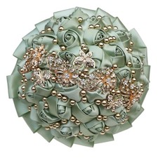 Handmade Wedding Bouquet with Golden Rhinestone Brooch Pearl Bridal Bouquet f...
