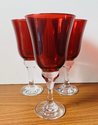 3 x Vintage große Weingläser rubinrot klarer Stiel 300ml Kelch Bar Getränk Essen