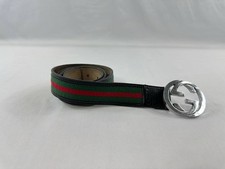 Gucci GG Silver Interlocking Buckle Web Belt Black Green Red Size 100/40