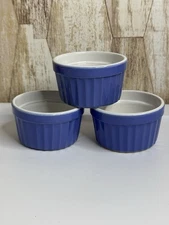 3 Blue Ramekins Dishes Portugal Ribbed Baking Oven