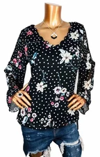 AGB L Top NWT $60 Floral Polka Dots Elastic Hem Lined Blouse Long Sheer Sleeves